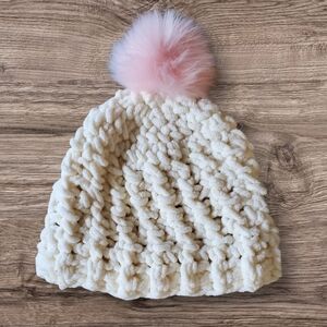 🎄🎁 Hand-Made Girls Winter Hat – Cozy Cream Knit Girls Hat with Pink Pom Pom